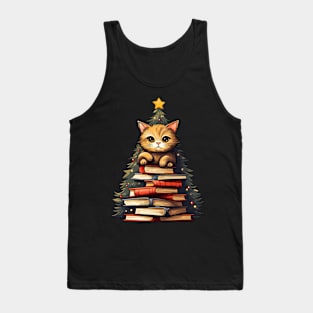 Cat Bookworm Christmas Tree Books Tank Top